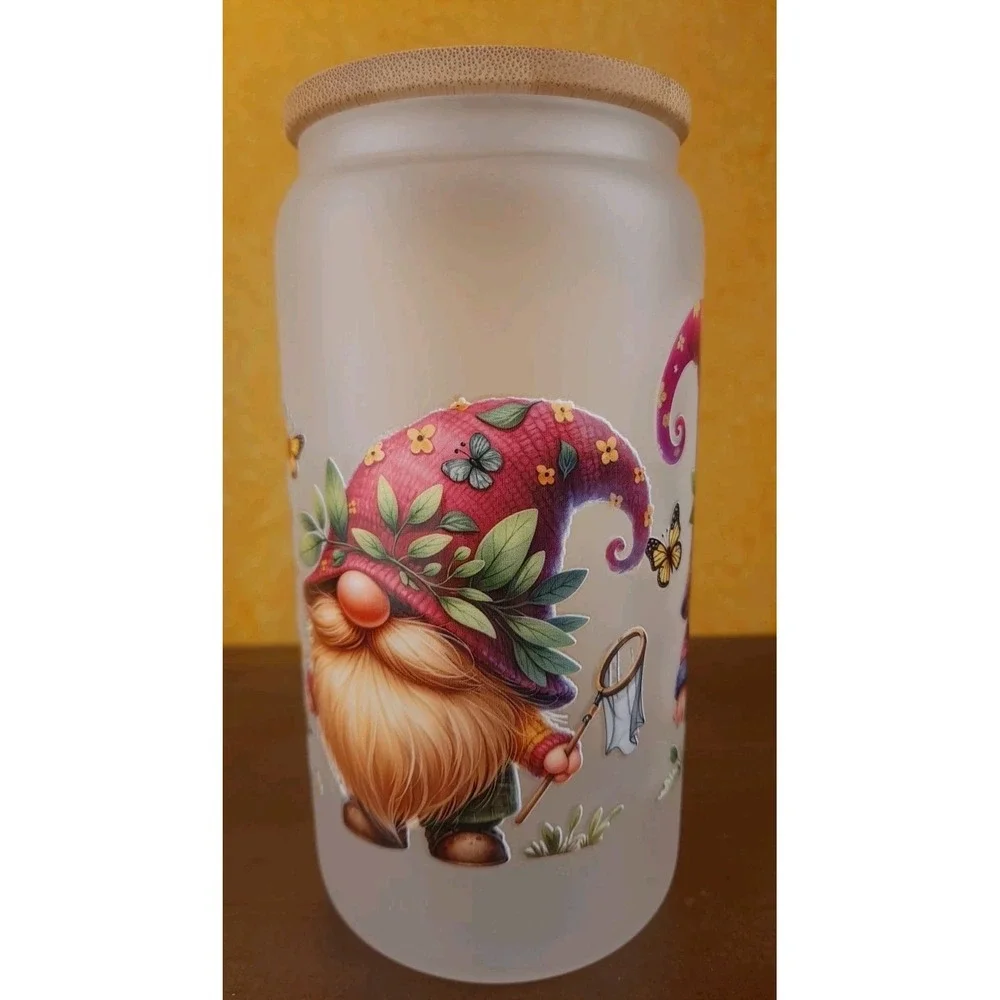 Gnomes Summer Catching Butterflies 12oz Frosted‎ Glass Tumbler With Straw